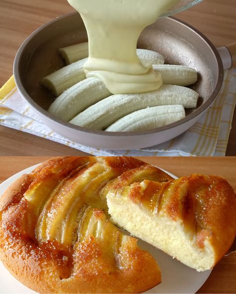 No-Oven Banana Upside-Down Cake - Greenku Recipes Cake In Frying Pan, No Oven Dessert Recipes, Upside Down Banana Cake, Easy Banana Cake, Banana Upside Down Cake, Homemade Flatbread, Delish Desserts, Kfc Chicken, Caramelized Bananas