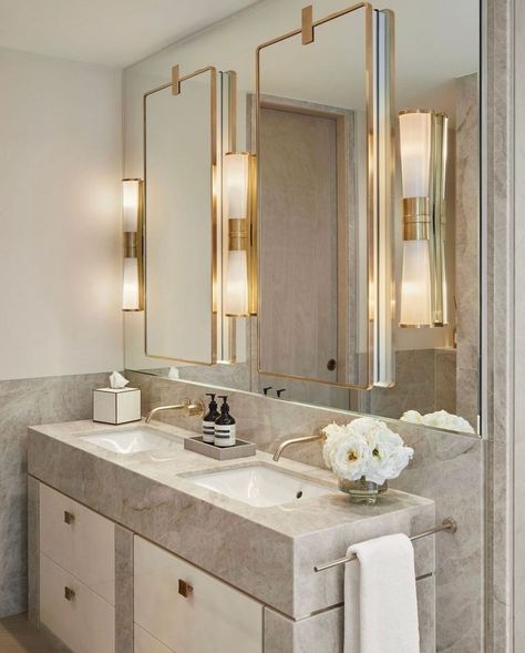 Bathroom Design | Design by Laura Hammett Interiors | Marble surely knows how to steal the show. We noticed this trend all year long, and we want to know, do you think marble will pass us by, or is it here to stay? Mirror And Sconces, Laura Hammett, Living Luxury, Sink Design, Homewares Shop, Bathroom Inspo, Mirror Designs, Guest Bathroom, New Classic