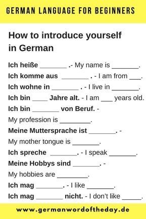 German Introduce Yourself, German Language Basics, German For Beginners Learning, German Worksheets For Beginners, How To Learn German, German Pronouns, Deutch Learning, Basic German Phrases, German Language Funny