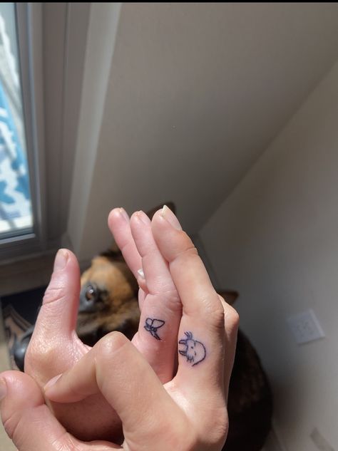 Walrus butterfly baby tattoo best pals dog german shepherd walrus tat Finger Animal Tattoo, Dainty German Shepherd Tattoo, Dog Finger Tattoo, Silly Animal Tattoo Ideas, Pug Finger Tattoo, Walrus Tattoo Cute, Walrus Tattoo, Baby Tattoo, Dog German Shepherd