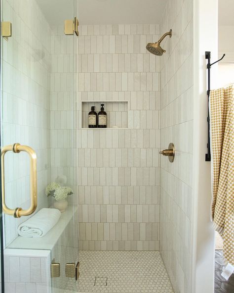 Bedrosians Tile | Before & after shower goals! 🚿 Shower Tile: Cloe 2.5x8 in White Design & styling: @kindredhomestead Construction: @cu_under_construction_ | Instagram Shower Goals, Master Shower Tile, White Tile Shower, Bedrosians Tile, Spa Area, Master Bath Shower, New House Bathroom, Full Bathroom Remodel, White Bathroom Tiles