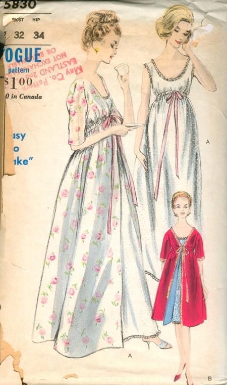 Vogue 5830 : Nightgown and Robe || 1963 1960 Nightgown, Nightgown And Robe, Sleeveless Nightgown, Nightgown Pattern, Nightgown Robe, White Nightgown, Lingerie Patterns, 1960's Fashion, Vintage Dress Patterns