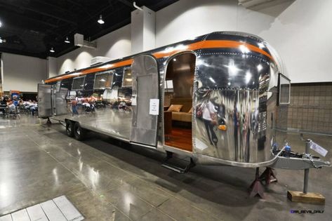 Aesthetic Camper, Edgy Decor, Airstream Caravans, Red Accent Wall, Airstream Campers, Small Travel Trailers, Airstream Remodel, Airstream Interior, Airstream Renovation