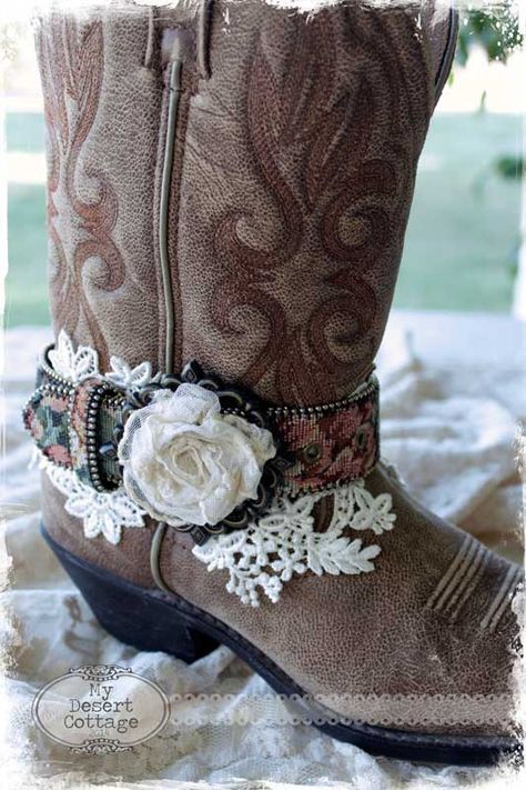 Last month I was in Goodwill and saw this Brighton Belt for $3.99. I had recently purchased a pair of cowboy boots and thought they neede... Decorate Boots Diy, Boots With Flowers, Country Shoes Boots, Desert Cottage, Diy Wedding Shoes, Bling Wedding Shoes, Boots Diy, Country Shoes, Boot Chains