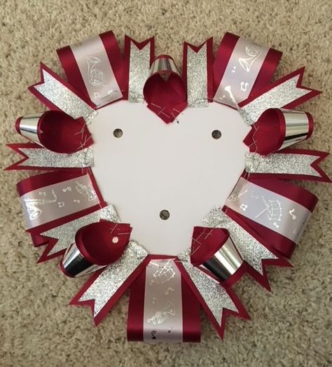 Joannah's homecoming mum - heart-shaped, 3 mum backer How To Homecoming Mum, Diy Mum Homecoming, Homemade Mums For Homecoming, Heart Homecoming Mums Ideas, Diy Homecoming Mum Backing, 3 Mum Homecoming Mum, Small Mum Ideas Homecoming, How To Make A Homecoming Mum Ribbons, Double Mum Backer Ideas