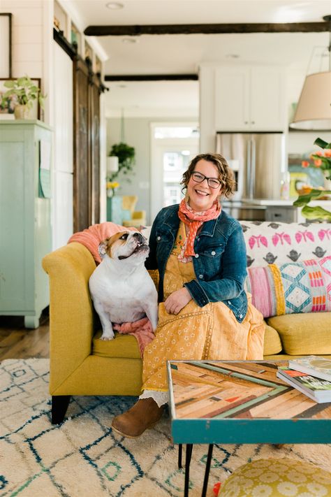 Eclectic Farmhouse Living Room, Stonington Gray, Yellow Couch, Kelly Rae Roberts, Sisters Oregon, Small Town Living, Eclectic Cottage, Eclectic Farmhouse, Maximalist Home