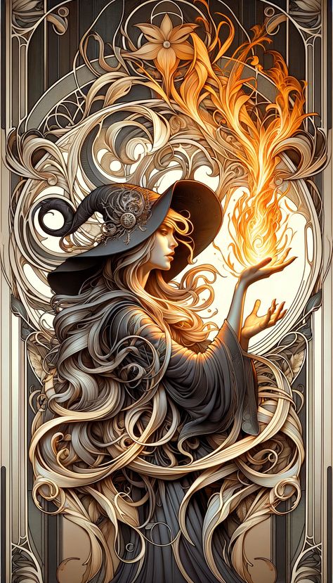 Art nouveau witch playing with fire Art Nouveau Fantasy Illustration, Art Nouveau Print, Fire Witch Art, Witch Illustration Art, Fire Magick, Art Nouveau Angel, Art Nouveau Tarot, Books Decoration, Magic Fire