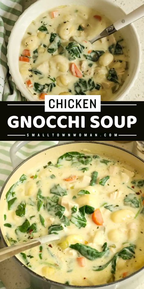 Here's a delicious fall comfort food dinner! This Chicken Gnocchi Soup recipe features a combination of potato gnocchi, carrots, celery, garlic, spinach, and tender chicken in a creamy, seasoned broth. Save this easy soup idea that will be one of your favorites! Olive Garden Chicken Gnocchi Soup Recipe, Creamy Chicken Gnocchi Soup, Chicken Gnocchi Soup Recipe, Olive Garden Chicken Gnocchi, Gnocchi Recipes Soup, Olive Garden Chicken, Chicken Gnocchi Soup Olive Garden, Chicken Gnocchi, Chicken Gnocchi Soup