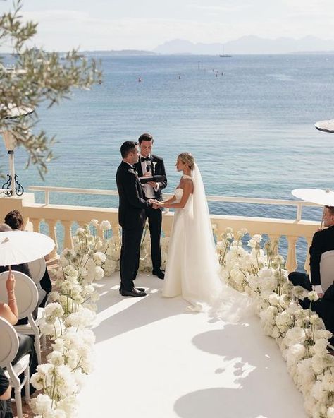 The Bridal Journey on Instagram: "@rhia_jennings and Tim 🕊️ married in late May at @bellesrives hotel on the French Riviera. The @bellesrives hotel is the former house of one of Rhia’s favourite authors, F. Scott Fitzgerald.  Photography @sapphirestudios___ #frenchriviera #frenchrivierawedding #bride #weddingdress #wedding" White Prom Dress Long, Wedding Dress Aesthetic, French Riviera Wedding, Young Wedding, April Flowers, Wedding Couple Photos, Vogue Wedding, Wedding Money, Cruise Wedding