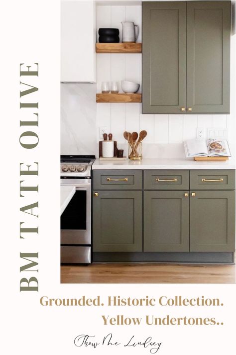 Part of Benjamin Moore's Historic Collection, Tate Olive is a deep, rich color with beauiful yellow undertones for those that love a more grounded color in their space! Dark Olive Benjamin Moore Kitchen Cabinets, Olive Green Cabinet Colors, Bm Dark Olive Cabinets, Benjamin Moore Tate Olive Cabinets, Tate Olive Benjamin Moore Kitchens, Dark Olive Benjamin Moore Cabinets, Aegean Olive Benjamin Moore, Oil Cloth Benjamin Moore Cabinets, Neutral Green Kitchen