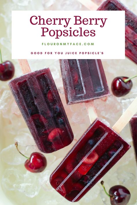 Cherry Berry Popsicle Recipe via @FlourOnMyFace Homemade Ice Pops Recipes, Juice Popsicles, Fruit Popsicle Recipes, Fruit Ice Pops, Homemade Fruit Popsicles, Cherry Popsicles, Berry Popsicles, Homemade Ice Pops, Healthy Popsicle Recipes