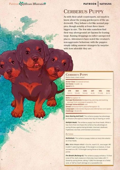 Cerberus Puppy, Stat Block, Dnd Stats, Dnd Character Sheet, Dnd Stories, Mythical Monsters, Dnd Races, Dungeons And Dragons 5e, Dnd Funny