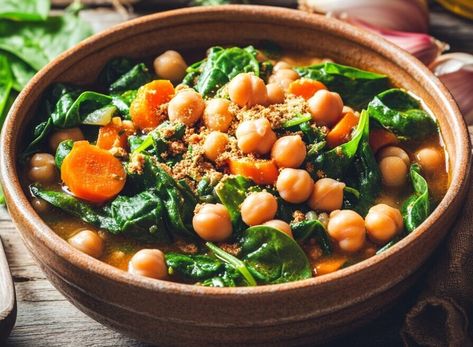 Hearty Chickpea & Spinach Stew – A Vegan Comfort Classic Protein Soup Recipes, Chickpea And Spinach, Spinach Stew, Chickpea Spinach, High Protein Vegetables, Hearty Stew, Lentil Bolognese, Breakfast Easy, High Protein Vegan Recipes