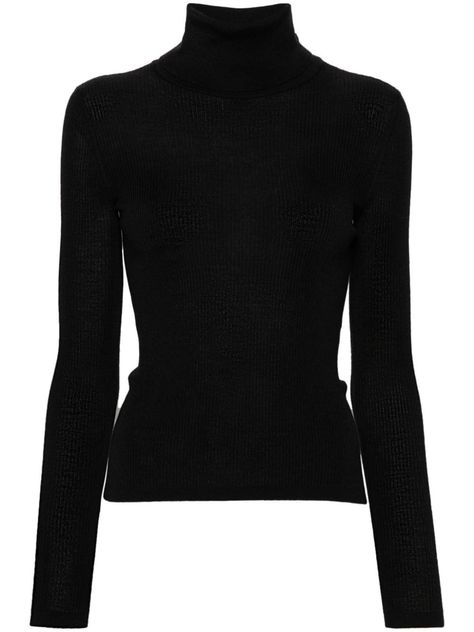 black knitted construction fine ribbed roll neck long sleeves ribbed cuffs and hem straight hem We've partnered with Good On You — an independent agency that rates how brands perform in relation to their impact on the planet, people and animals, with a multi-criteria rating simplified to a five points scale. In order to be awarded our conscious label, larger brands need to score a minimum of four out of five ('Good'), while smaller brands must score at least three out of five ('It's A Start'). This item comes from a brand rated three out of five ('It's A Start') by Good on You at the time it was added on FARFETCH. Please note, this is a brand-level rating and does not guarantee that this product is made with conscious materials. Learn more about what makes a product Conscious on our Consci Black Luxury Clothes, Ysl Sweater, Ysl Clothes, Ysl Outfit, Black Turtle Neck, Planet People, Five Points, Stockholm Fashion, Black Turtleneck