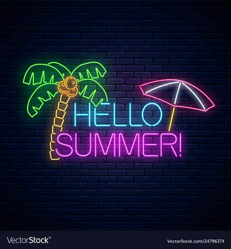 Neon summer poster with lettering palm tree and Vector Image Poster Lettering, Logo Online Shop, Palm Tree Vector, Neon Signs Quotes, Neon Summer, Neon Words, Background Summer, Summer Banner, Summer Poster