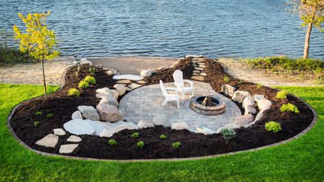 The Lakes - Beach Style - Garden - Minneapolis - by MT Carpenter Landscape Inc. | Houzz AU Lakeside Fire Pit Ideas, Side Landscaping, Courtyard Garden Ideas, Lake Landscaping, Small Yard Landscaping, Courtyard Gardens Design, Backyard Fireplace, Pond Landscaping, Lake Shore