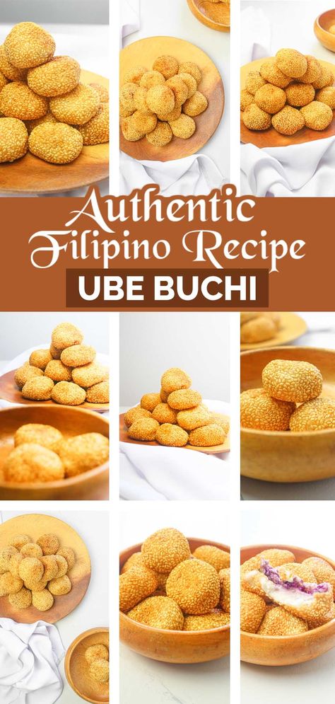 Buchi Recipe Glutinous Rice, Ube Roll, Buchi Recipe, Glutinous Rice Balls, Ube Halaya, Sesame Balls, Rice Desserts, Filipino Dessert, Filipino Foods