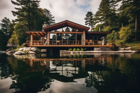 Winter Lake House, Lake House Aesthetic, Waterfront Cabins, Summer Cabin, Winter Lake, Fantasy Rooms, Cottage Exterior, House Aesthetic, Rustic Home Design