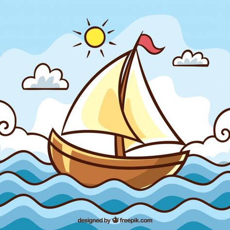 Boat Drawing Simple, Comic Strip Ideas, Waves Cartoon, Cute Landscape, Drawing Pictures For Kids, Animation Tips, Hand Art Kids, Wave Drawing