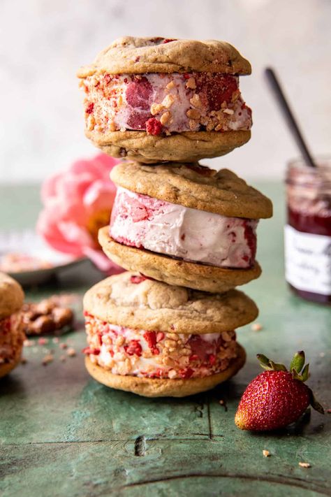 Strawberry Pretzel Cookie Ice Cream Sandwiches. Strawberry Ice Cream Sandwich, Pretzel Cookie, Cookie Ice Cream Sandwiches, Homemade Strawberry Shortcake, Strawberry Shortcake Ice Cream, Half Baked Harvest Recipes, Setup Inspiration, Cookie Ice Cream, Pretzel Cookies