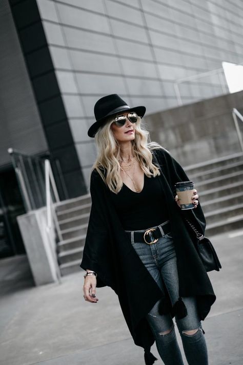 Rag and Bone fedora hat from Rachel Zoe Box of Style Fall 2018 Black Leather Pants Outfit With Fedora Hat, Black Rim Hat Outfit, Plus Size Fedora Hat Outfit, Outfits With A Fedora Hat, Big Brim Hat Outfit Style, Black Brim Hat Outfits, Look Con Sombrero Outfits, Gray Fedora Hat Outfit, Black Fedora Hat Outfit Fall