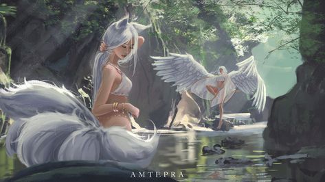 Fox Girl, Fox Art, Female Character Design, Fantasy Artwork, Fantasy Landscape, White Hair, Fantasy World, Fantasy Creatures, Character Illustration