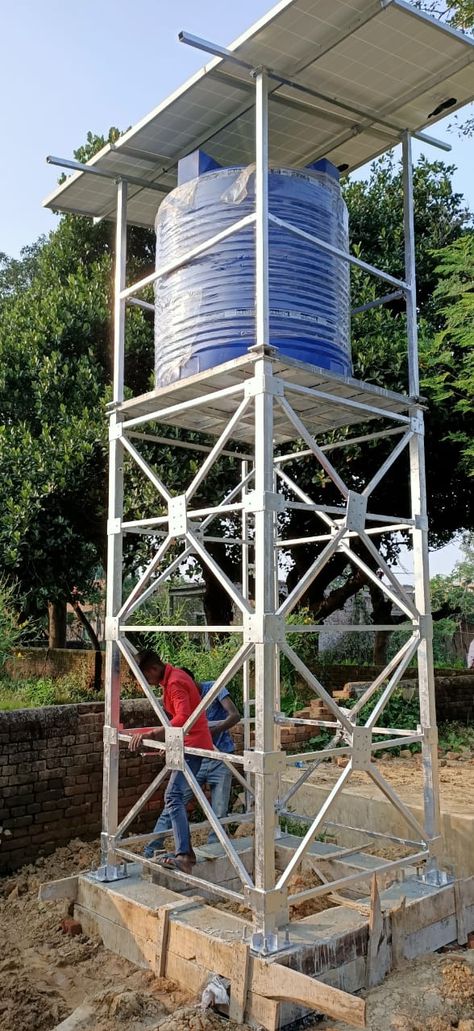 3hp Solar Water Pumping System Confire India #solarwaterpump #starinfinitytower #Kaushambi #GhaziabadUP Water Tank Stand, Barbeque Grill Design, Balcony Glass Design, Steel Railing Design, Entry Door Designs, Iron Furniture Design, Steel Building Homes, Steel Water Tanks, Steel Furniture Design