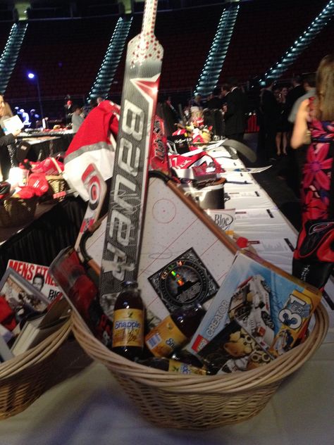 #31 Anton Khudobin's basket includes a mini  air hockey table set Raffle Basket Ideas Themed, Hockey Gift Basket, Hockey Basket, Raffle Basket Ideas, Fundraiser Baskets, Auction Basket, Hockey Decor, Stag And Doe, Hockey Table