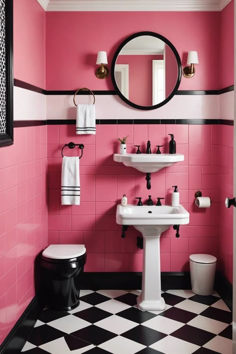 20 Stylish Pink And Black Bathroom Ideas – ToolzView Black White Pink Bathroom, Checker Bathroom, Pink Toilet Room, Pink And Black Bathroom Ideas, Pink Black And White Bathroom, Pink And Black Room Ideas, Black And Pink Room, Hot Pink Bathroom, Black Herringbone Tile