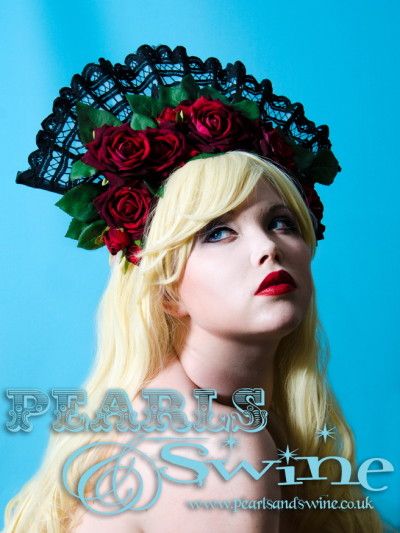 Pasión – Flamenco Inspired Rose Headdress, Black Lace, Red Velvet Rose, Decadent, Spanish, Spain, Fan, Headband, Dramatic, Statement Piece, Rock n Roll Bride, Royal Ascot, Ladies Day, Races, Kentucky Derby, Fashion, Hair Accessory, Headwear, Headpiece, Wedding, Bridal, Milliner, Millinery, Pearls and Swine, Pearls & Swine, Haute Couture, Burlesque, United Kingdom, UK, England, West Yorkshite, British Designer, Gothic Burlesque Hair, Gothic Sunglasses, Queen Accessories, Ballet Headpieces, Kentucky Derby Fashion, Hair Fan, Wedding Headwear, Gothic Bride, Mardi Gras Costumes