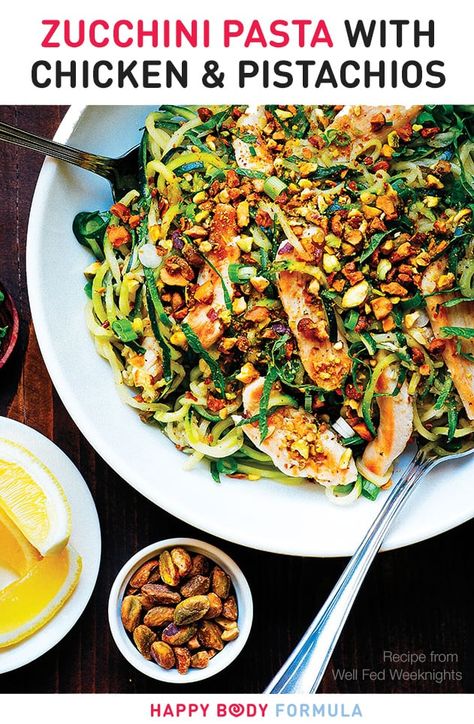 Zucchini Pasta With Chicken & Pistachios (Paleo, Gluten-Free, Low-Carb). This is a recipe from Well Fed Weeknights: Complete Paleo Meals in 45 Minutes Or Less by Melissa Joulwan. Pasta With Chicken, Pistachio Recipes, Healthy Zucchini, Spiralizer Recipes, Zucchini Pasta, Mini Vacation, Keto Foods, Keto Chicken, Ketogenic Recipes