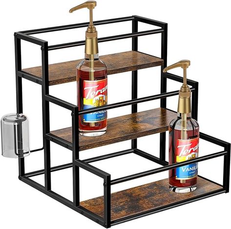 Amazon.com: Coffee Syrup Rack Organizer, Syrup Bottle Holder Stand for Coffee Bar, 3-Tier 12 Bottles Storage Shelves for Syrup, Wine, Dressing for Kitchen Countertop, Rustic Brown & Black : Home & Kitchen Syrup Organizer, Syrup Bottle, Wine Rack Cabinet, Coffee Syrup, Bottle Storage, Cabinets For Sale, Rustic Brown, Kitchen Countertop, Bottle Holder