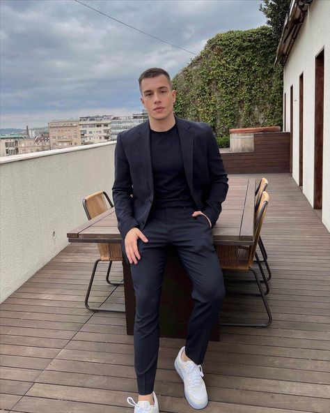 Suits With T Shirts Mens Fashion, Boys Homecoming Outfits High School 2024, Homecoming For Guys Outfits, Black Blazer Men Outfit, Black Formal Pants Outfit Men, Black Suit White Sneakers, Teen Boy Dressy Outfit, Guys Homecoming Outfit Ideas, T Shirt Blazer Outfit