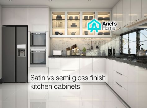 Satin vs semi gloss finish kitchen cabinets [2022] - Ariel's Home Semi Gloss Kitchen Cabinets, Satin Kitchen Cabinets, High Gloss Kitchen Cabinets Modern, Satin Vs Semi Gloss, Gloss Kitchen Ideas, Kitchen Cabinets 2023, Cabinets 2023, Dark Modern Kitchen, Home Depot Kitchen Remodel