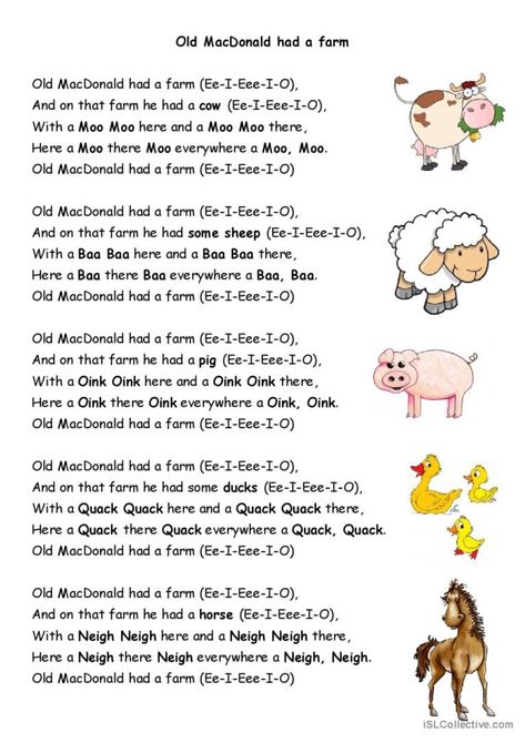 Old Mcdonald Had A Farm, Farm Songs, Old Mcdonald, Old Macdonald Had A Farm, Nursery Rhymes Activities, Old Macdonald, Rhyming Activities, Listening Comprehension, Esl Worksheets