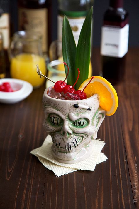 Zombie Cocktail (Tiki Cocktail Series) Zombie Drink, Zombie Cocktail, Cinnamon Simple Syrup, Strong Cocktails, Spooky Halloween Food, Tiki Drinks, Tiki Cocktails, Drink Bar, Cocktail Garnish