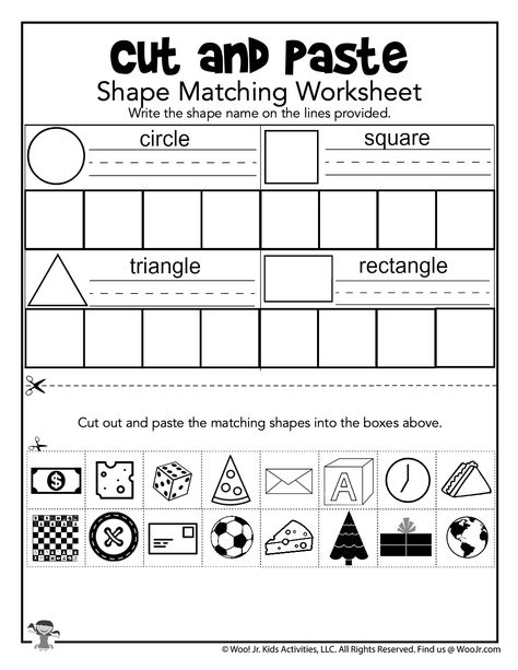 Cut and Paste Shape Matching Practice | Woo! Jr. Kids Activities : Children's Publishing Colored Shapes Printables, Shapes Matching Activities, Shape Matching Activity, Cut Paste Activities For Kids, Cut And Paste Activities Preschool, Shapes Activities Preschool Worksheets, Cut And Glue Activities For Kids, Shapes Kindergarten Activities, Shapes And Colors Worksheets