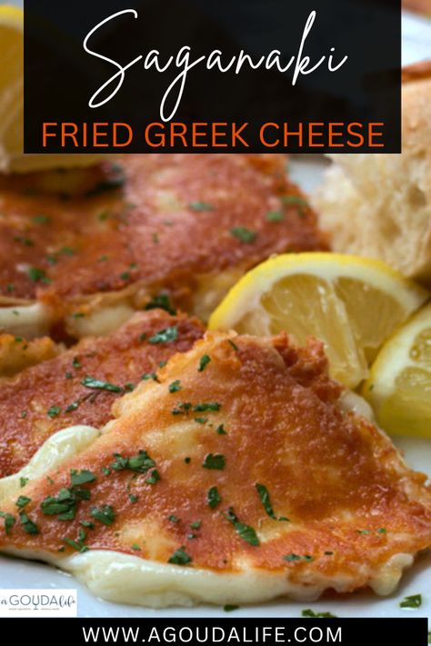 Saganaki (Fried Greek Cheese) - 4 ingredient easy at home appetizer. Golden, crispy outside, melty cheese inside with bright lemon flavor! #saganaki #friedcheese #kassaricheese #kassari #greekrecipe #greekcheese #greekappetizer#flamingcheese #easyappetizer #agoudalife Saganaki Cheese Recipe, Saganaki Recipe, Cheese Recipes Appetizers, Greek Appetizers, Greek Cheese, French Onion Dip, Greek Flavors, Melty Cheese, Italian Cheese