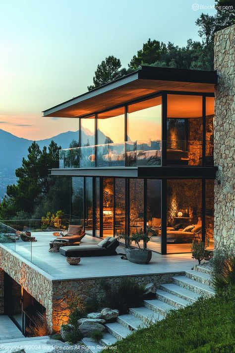 Mountain Prism Style - Hillside Glass Villa Collection | AI Villa Check more at https://blockfine.com/mountain-prism-style-hillside-glass-villa-collection-ai-villa House Design On Sloped Land, House On Slope Architecture, Bungalows Design, House Built Into Hill, House Built Into Hillside, Slope House Design, Hillside Homes, House On Slope, Raised Ranch Remodel