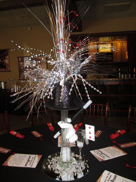 Silent Auction Magic Theme Party Centerpiece Made by me for St. Clare's Silent Auction in Rancho Cucamonga Ca Playing Card is used as the Table Number Magic Centerpieces, Magic Theme Party, Gala Planning, Las Vegas Party Theme, Magician Party, Auction Themes, Rally Idea, Magic Birthday Party, Magic Birthday