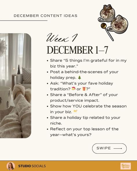 Stuck on what to post this December? 🎄 Don’t worry, I’ve got you! Swipe to find some creative content ideas to keep your small biz, brand, or services shining all month long. From cozy holiday vibes to reflecting on your year, you’ll have your audience hooked—and loving every post. Save this for when you need inspo, and let me know which idea you’re trying first! ✨ 🚨 PS: Don’t miss our Black Friday Sale! Get 50% off the Studio Socials Club annual plan OR 50% off any course + 12 months of... December Content Ideas, Creative Content Ideas, Social Media Marketing Content, Holiday Vibes, Cozy Holiday, Creative Content, Social Media Strategy, Media Strategy, Social Club