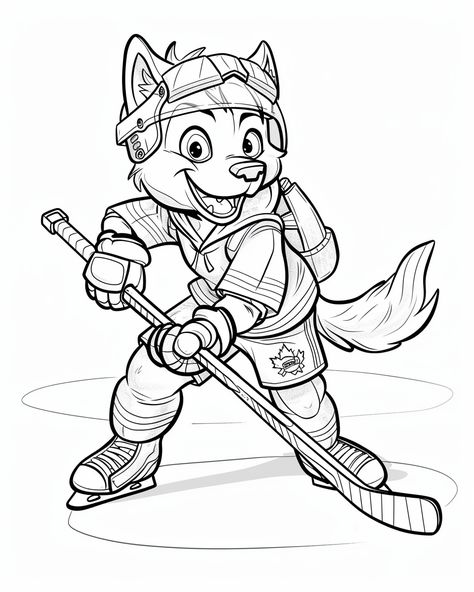 #ChildrensColoringBookPage #CuteWolfCharacter #HockeyGear #DisneyStyle #ThickBlackLines #WhiteBackground #4:5AspectRatio #TheCandie Hockey Coloring Pages, Hockey Images, Cute Wolf, Inspirational Digital Art, Wolf Character, Hockey Gear, Ice Rink, Black Lines, Hockey Player