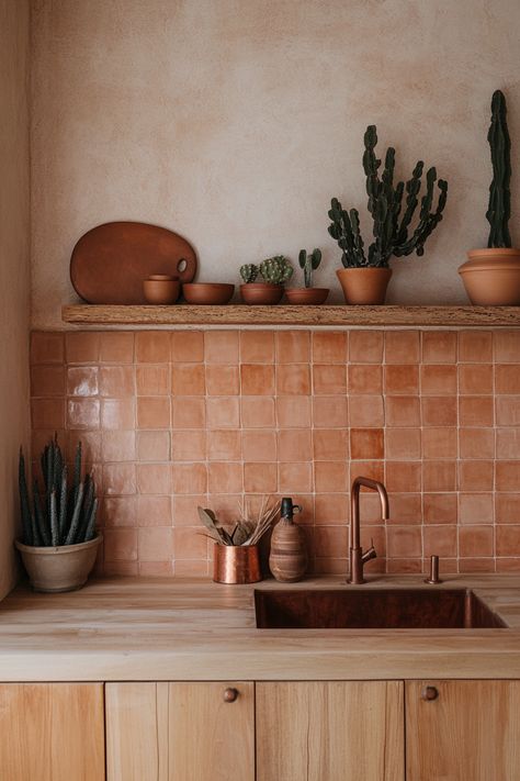 57 Desert Modernist Kitchen Design Tips - TastyInteriors Color Tile Kitchen, Open Kitchen Backsplash, Drop Down Kitchen Counter, Cool White Kitchen Cabinets, Terracotta Modern Interior, Simple Rustic Kitchen Design, Natural Wooden Kitchen, Rental Property Kitchen Remodel, Heath Ceramics Kitchen