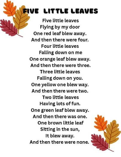 Five Little Leaves Song and Fingerplay by Brooke Whitcomb | TPT Fall Movement Songs For Preschool, Tree Songs For Preschool, Leave Activities Preschool, Leaf Toddler Activities, Fall Leaves Activities Preschool, Fall Songs For Preschool, Leaves Activities For Preschoolers, Fall Lesson Plans For Preschool, Fall Ideas Activities