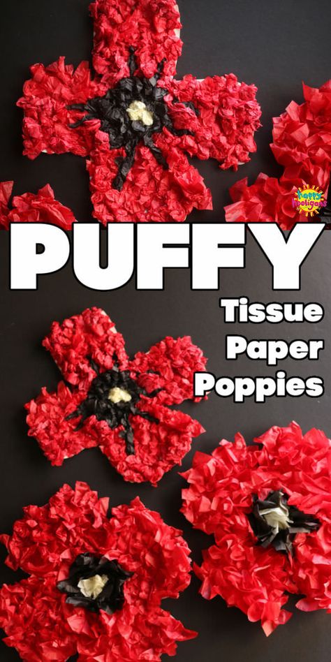 Kids can make puffy poppies by twisting or crumpling tissue paper just like we used to do in art class when we were kids. Great craft for all ages for Remembrance Day, Veterans Day or Anzac Day. #HappyHooligans #Poppy #Craft #Poppies #RemembranceDay #VeteransDay #AnzacDay #TissuePaper #Art #Kids #Toddlers #Preschoolers #ElementaryStudents Tissue Paper Poppy, Poppy Craft For Kids, Remembrance Day Activities, Craft For All Ages, Remembrance Day Art, Poppy Craft, Remembrance Day Poppy, November Crafts, November Activities