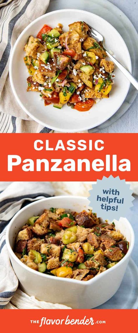 Learn how to make a classic panzanella salad. An easy and warming salad, brimming with flavor! A few simple tips and tricks will make this simple salad so much more flavorful. A great way to use up stale bread as well. #TheFlavorBender #SaladRecipes #Panzanella #SummerRecipes Panzanella Salad Traditional, Bread Salad Panzanella, Italian Bread Salad, Panzanella Salad Recipe, Italian Lunch, Pan Fried Salmon, Classic Salad, Panzanella Salad, Simple Salad