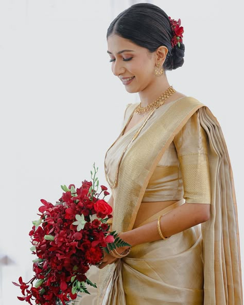 Golden Saree Bride, Kerala Christian Wedding Saree, Golden Silk Saree, Kerala Christian Bride, Christian Wedding Saree, Saree 2023, Bride Fashion Illustration, Christian Bridal Saree, Christian Bride