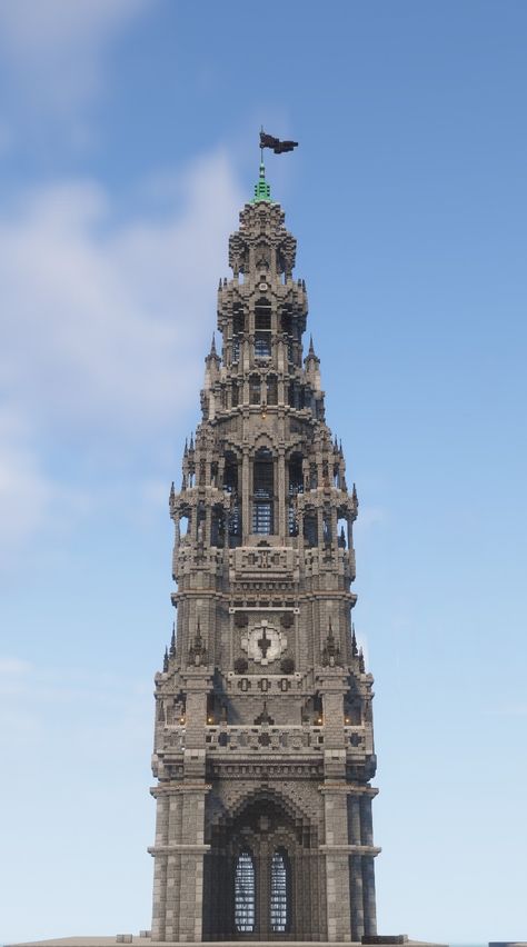 Complex Minecraft Builds, Minecraft Steampunk Clock Tower, Minecraft Castle Tower Roof, Minecraft Gothic Tower, Minecraft Citadel, Evil Castle Minecraft, Minecraft Obelisk, Minecraft Watchtower Ideas, Minecraft Tower Build