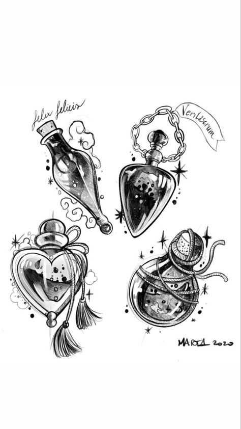 Love Spell Tattoo, Superstitious Tattoo, Heart Potion Bottle Tattoo, Witchy Sketchbook, Potion Bottle Tattoo Design, Love Potion Tattoo, Unique Heart Tattoos, Potion Bottle Tattoo, Potion Tattoo