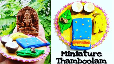 Beautiful mini thambulam for Navratri golu | return gifts #navratrispecial #returngiftideas #miniatureccrafts Kodi Ornaments For Navratri, Handmade Danglers For Navratri Festival, Navarathri Decorations, Navratri Ghat Sthapana Decoration, Navarathiri Golu Ideas, Handmade Temple Chandbalis For Navratri, Mouldit Clay, Clay At Home, Elevated Bed